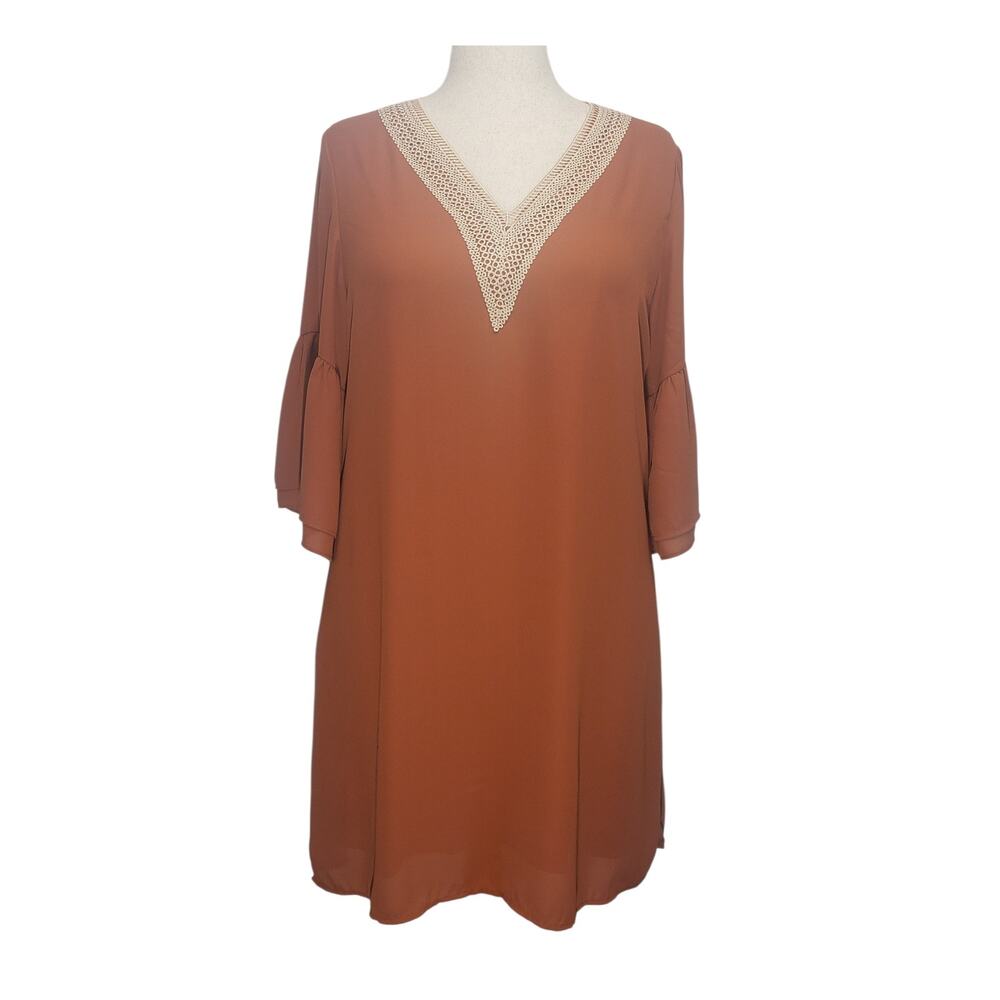 Rust Boho Swing Dress L Cottagecore Crochet V-Neck Ruffle Sleeve